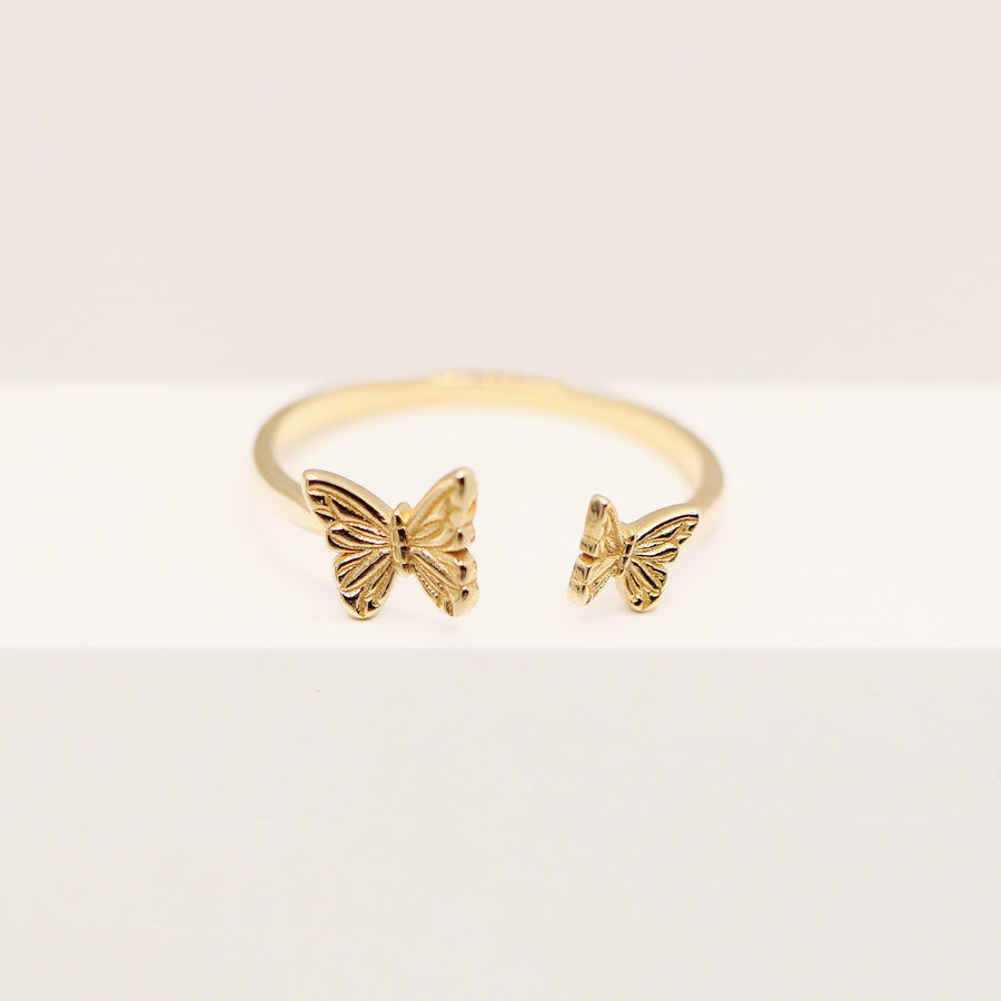 14K Solid Yellow Gold Butterflies Cuff Ring