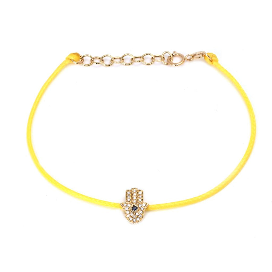 14K Solid Yellow Gold Diamond & Sapphire Hamsa Hand Leather Cord Bracelet