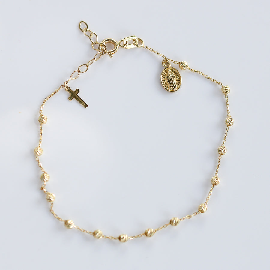 14K Solid Yellow Gold Diamond Cut Rosary Bracelet