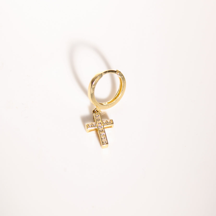 14K Solid Gold Unisex CZ Cross Single Huggie Hoop