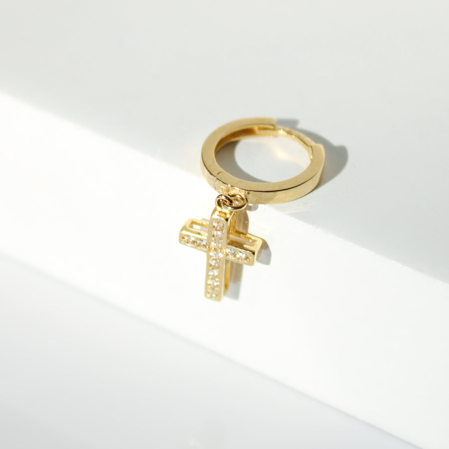 14K Solid Gold Unisex CZ Cross Single Huggie Hoop