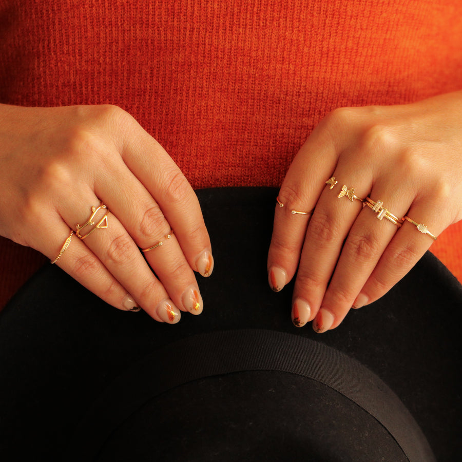 14K Solid Yellow Gold Butterflies Cuff Ring