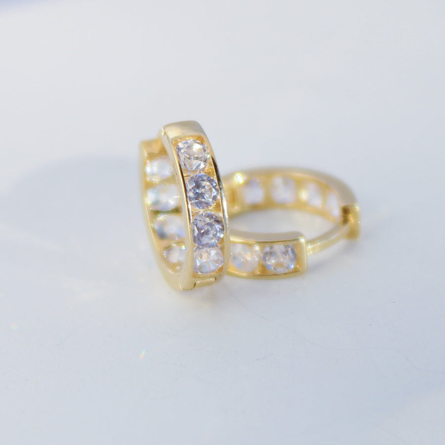 14K Solid Yellow Gold CZ 1 Row Hoops Earrings