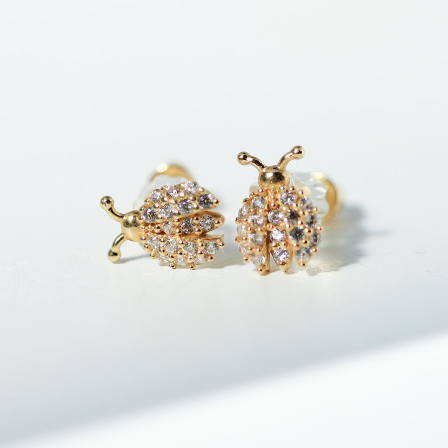 14K Solid Yellow Gold CZ Ladybug Earrings