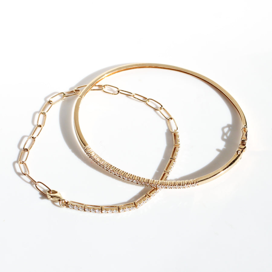 14K Solid Yellow Gold Diamond Bangle